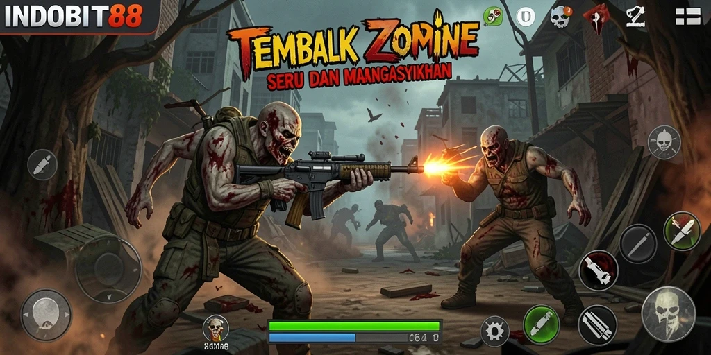 Tampilan antarmuka permainan Tembak Zombie INDOBIT88 yang mendebarkan.