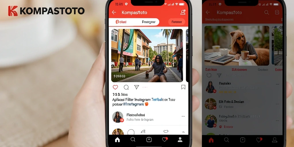 Antarmuka KOMPASTOTO dengan berbagai filter untuk edit foto Instagram.